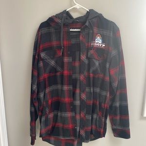 EMPYRE Flannel Longe Sleeve Black Cat Red And Grey Hooded Button Down
